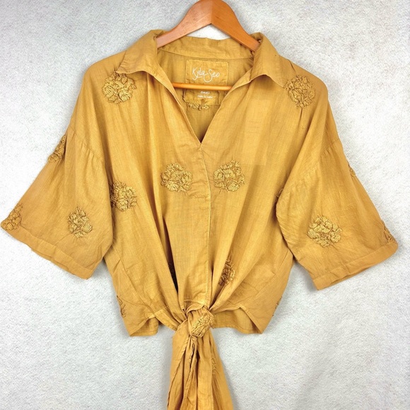 NWT Anthropologie Kyla Seo Bohemian Yellow Embroidered 100% Cotton Blouse Sz S - Picture 1 of 11